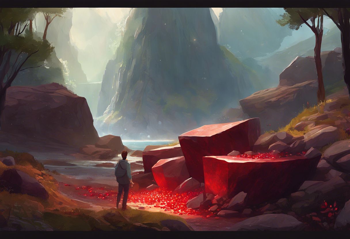 Scattered bloodstones and diamonds in natural setting, with a person nearby.