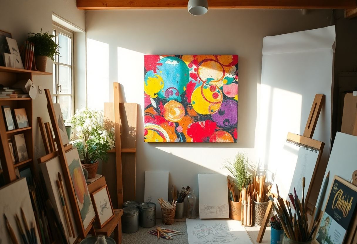 An abstract painting hangs in a cozy art studio with various supplies.