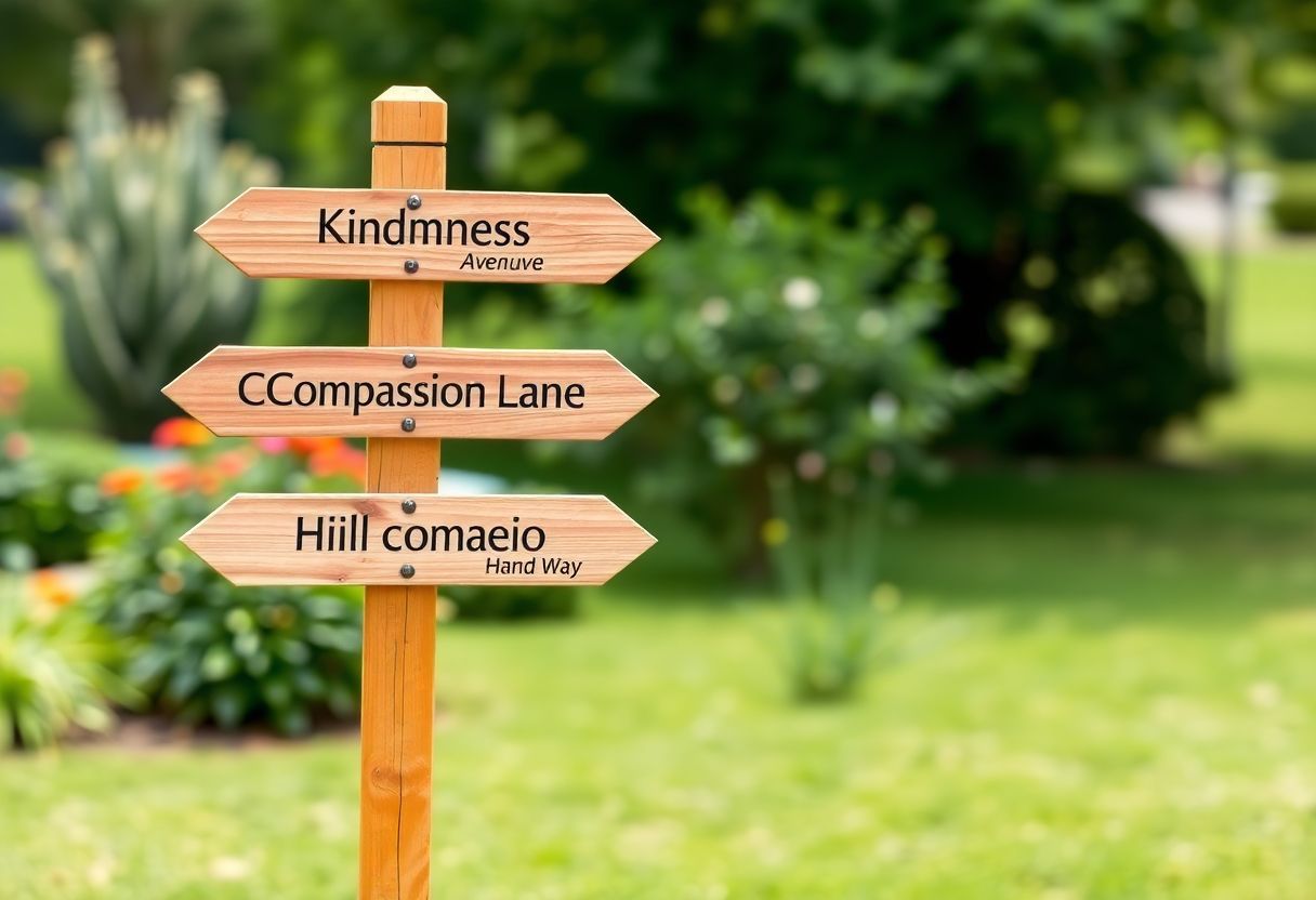 A wooden signpost in a garden with signs pointing to kindness, compassion, and helping.