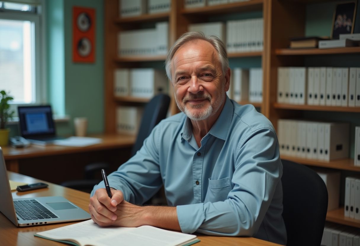 A middle-aged person sits at a well-organized desk with neat shelves.