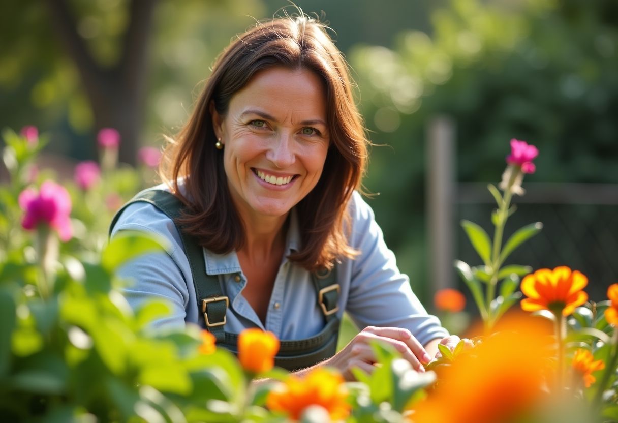 A woman tends to a community garden with vibrant flowers and vegetables.