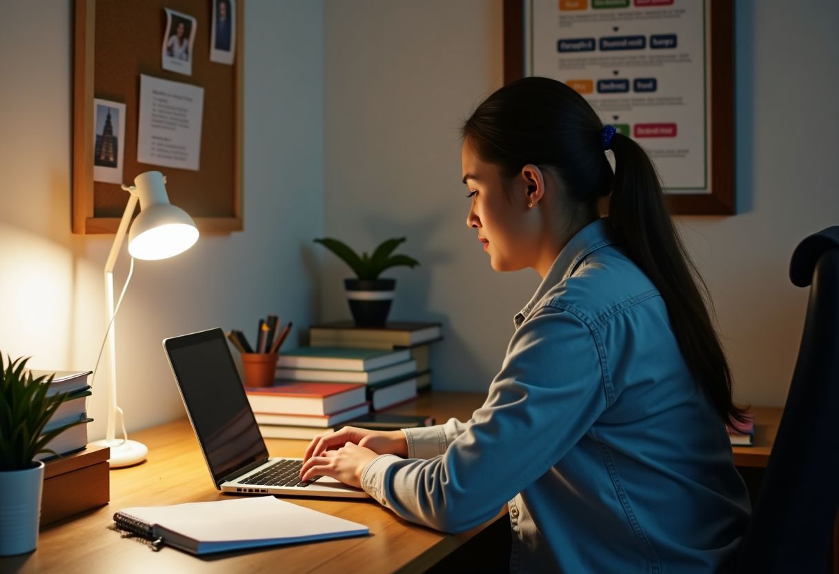 A person working at a tidy desk in a home office.