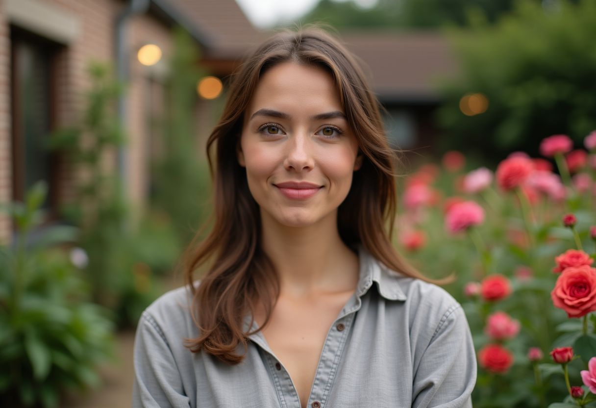 A woman in casual clothing stands in a garden with blooming flowers.