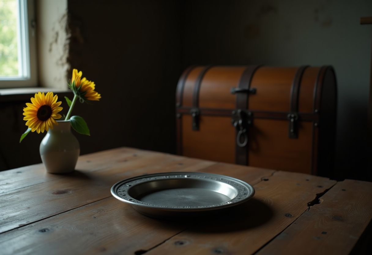 A locked chest, an empty platter, and a wilting sunflower.