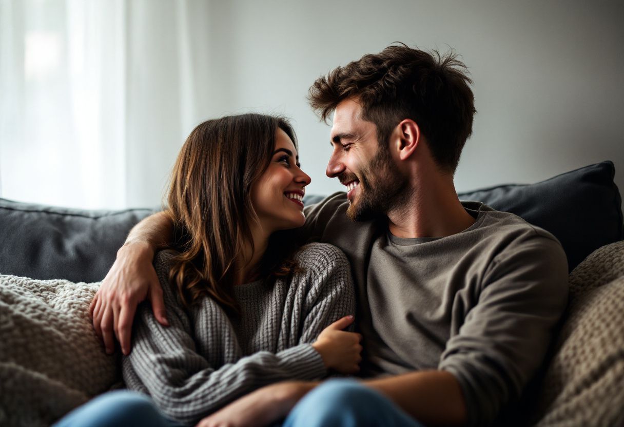 A couple in their mid-30s sharing a warm embrace on a couch.