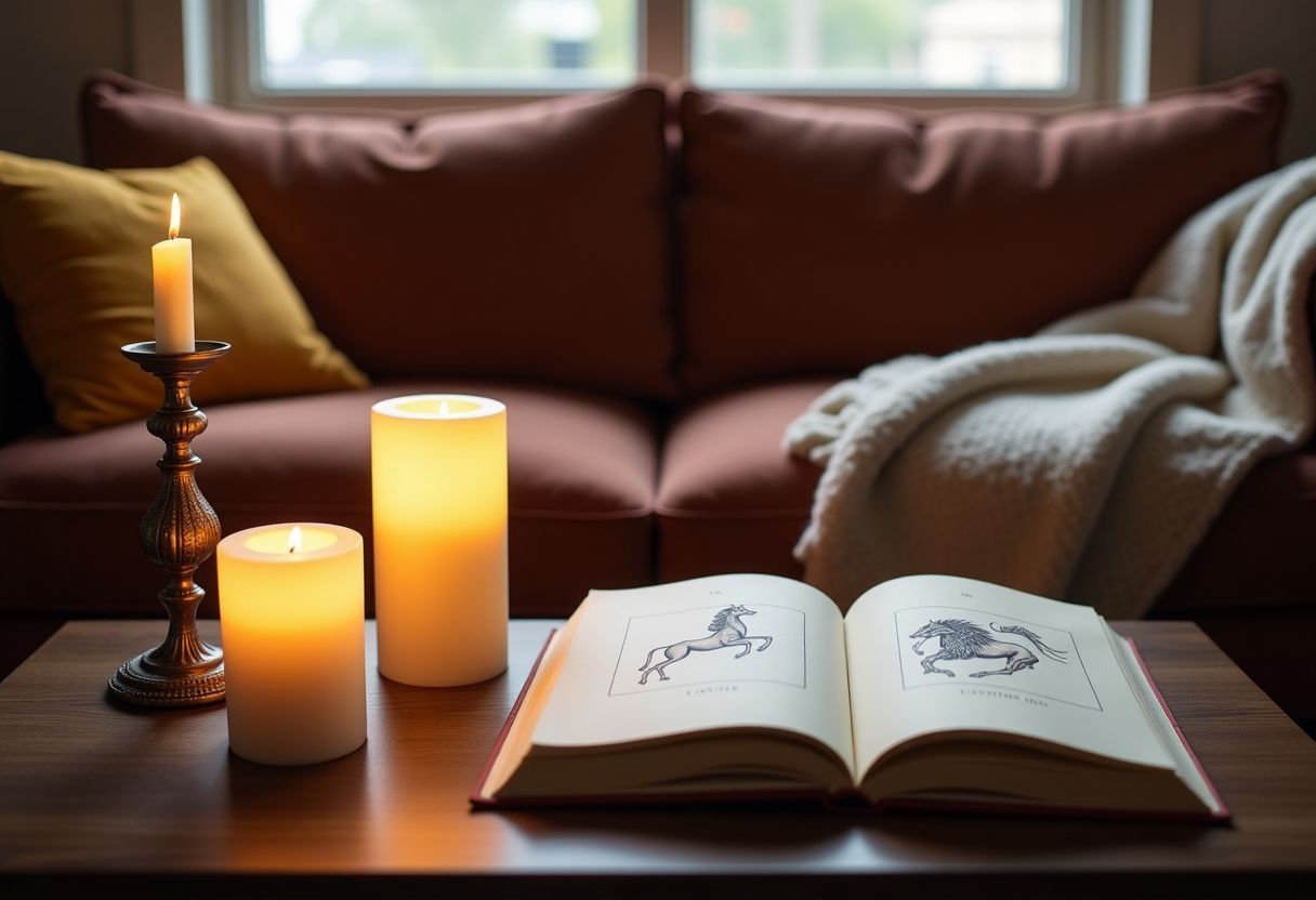 A cozy living room with a velvet couch, astrological books, and candles.